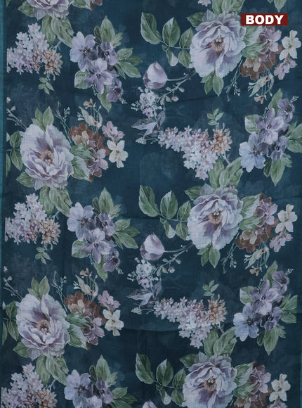 Linen cotton saree peacock green with allover floral digital prints and simple border