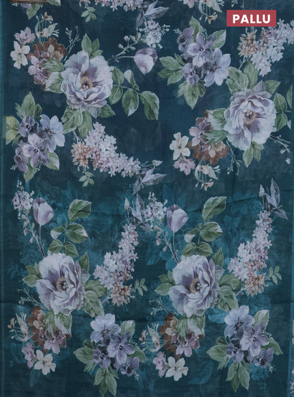 Linen cotton saree peacock green with allover floral digital prints and simple border