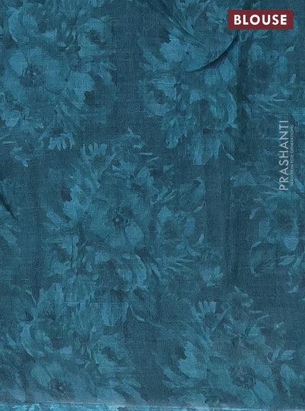 Linen cotton saree peacock green with allover floral digital prints and simple border