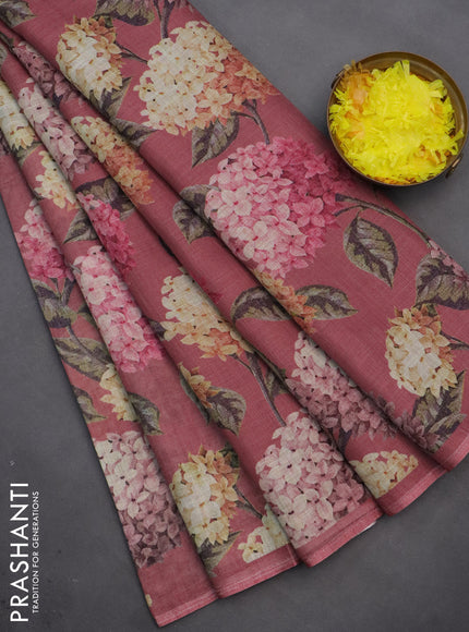 Linen cotton saree pastel maroon with allover floral digital prints and simple border