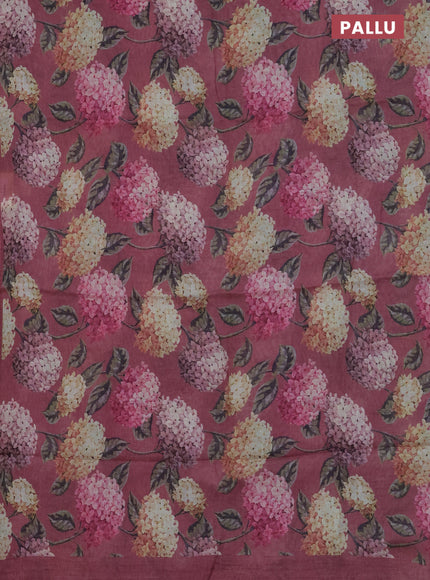 Linen cotton saree pastel maroon with allover floral digital prints and simple border