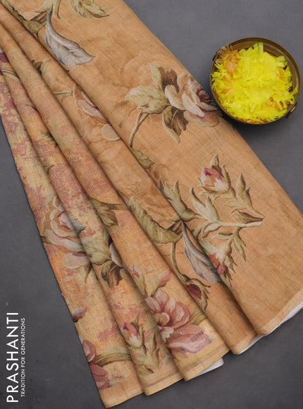 Linen cotton saree sandal with allover floral digital prints and simple border