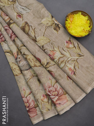 Linen cotton saree beige with allover floral digital prints and simple border