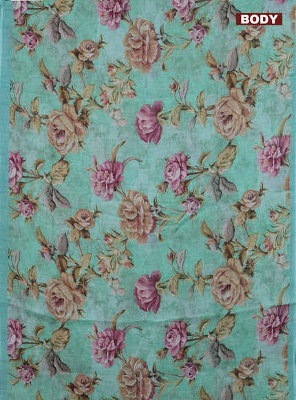 Linen cotton saree teal green with allover floral digital prints and simple border