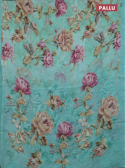 Linen cotton saree teal green with allover floral digital prints and simple border