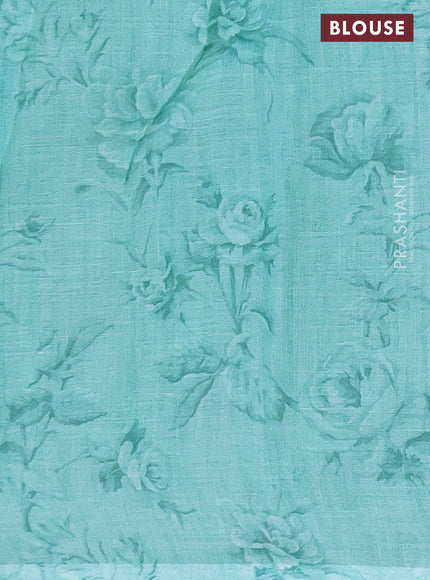 Linen cotton saree teal green with allover floral digital prints and simple border