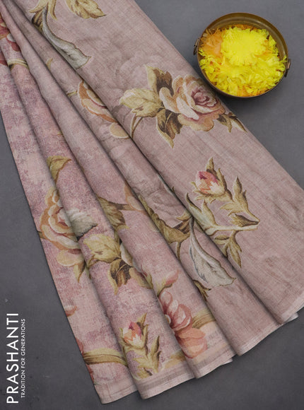 Linen cotton saree pastel brown with allover floral digital prints and simple border