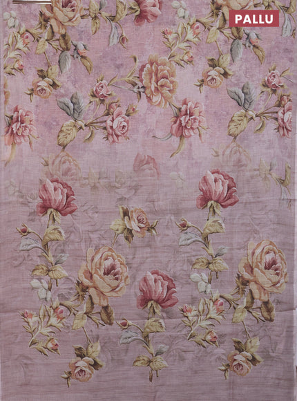 Linen cotton saree pastel brown with allover floral digital prints and simple border