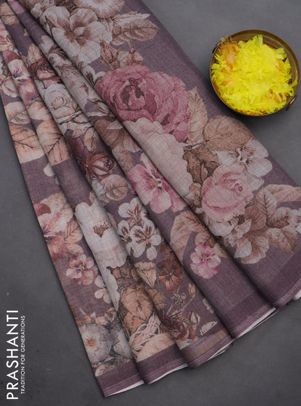 Linen cotton saree rosy brown with allover floral digital prints and simple border