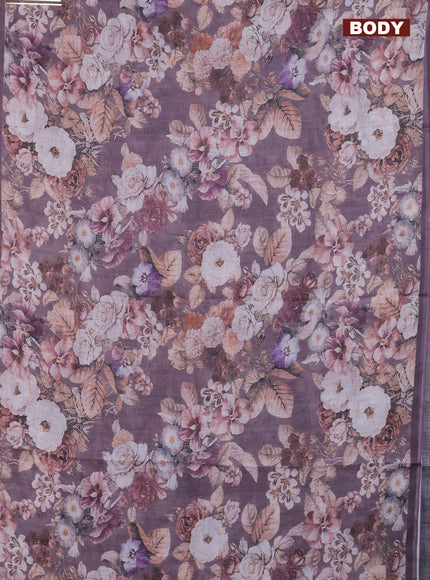 Linen cotton saree rosy brown with allover floral digital prints and simple border