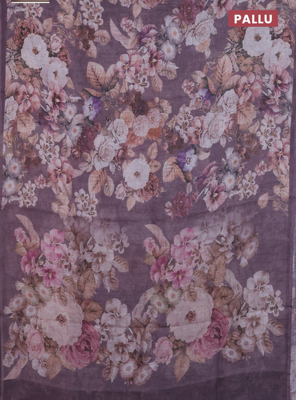 Linen cotton saree rosy brown with allover floral digital prints and simple border