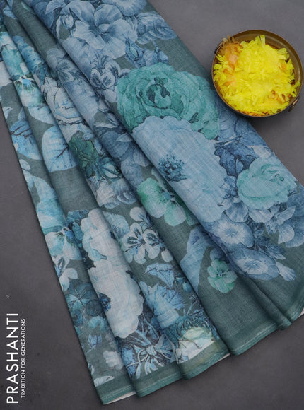 Linen cotton saree greyish green with allover floral digital prints and simple border