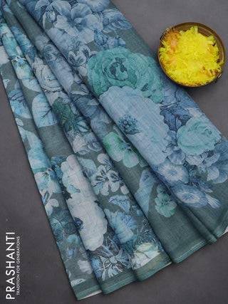 Linen cotton saree greyish green with allover floral digital prints and simple border