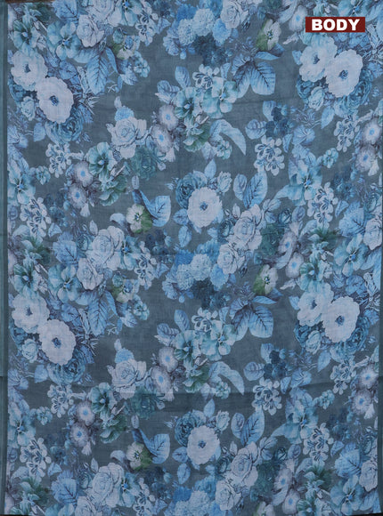 Linen cotton saree greyish green with allover floral digital prints and simple border