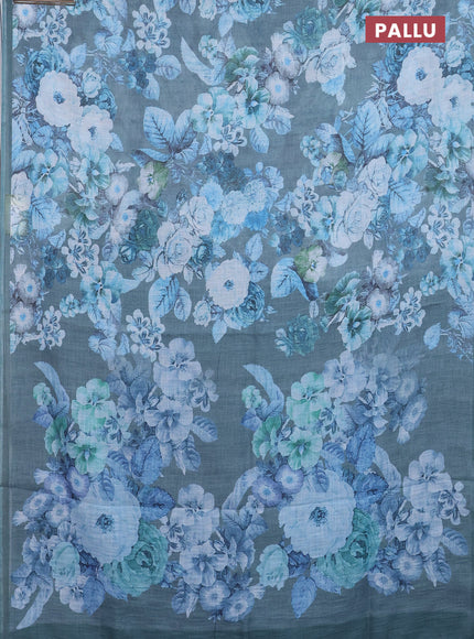 Linen cotton saree greyish green with allover floral digital prints and simple border