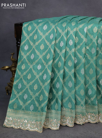 Banarasi silk saree teal green shade with allover banarasi zari weaves and gotapatti lace work border