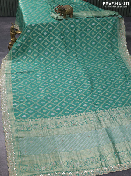 Banarasi silk saree teal green shade with allover banarasi zari weaves and gotapatti lace work border