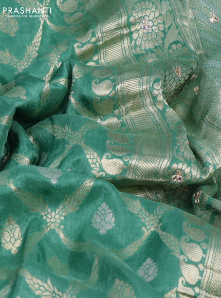 Banarasi silk saree teal green shade with allover banarasi zari weaves and gotapatti lace work border