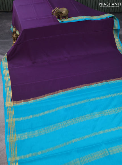 Pure mysore silk saree violet and teal blue with plain body and zari woven border