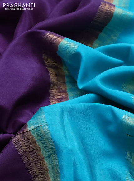 Pure mysore silk saree violet and teal blue with plain body and zari woven border