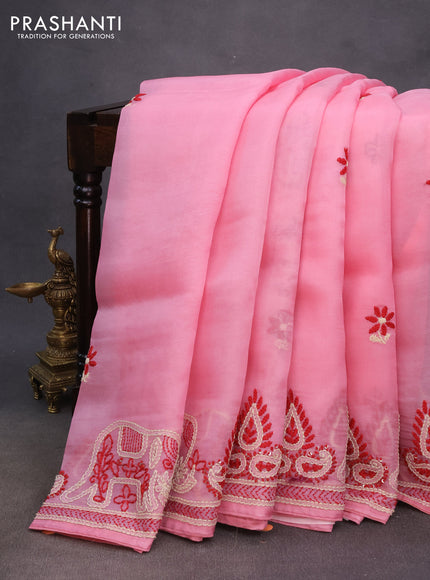 Pure organza silk saree light pink with embroidery work buttas and kantha stitch work border