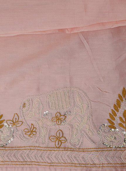 Pure organza silk saree peach shade with embroidery work buttas and kantha stitch work border