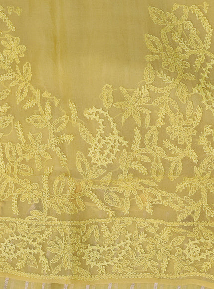 Pure organza silk saree yellow with allover zari weaves and embroidery work border