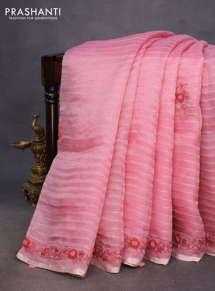 Pure organza silk saree light pink with allover stripes pattern & embroidery work buttas and embroidery sequin work border