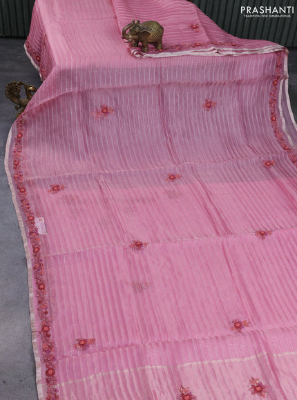 Pure organza silk saree light pink with allover stripes pattern & embroidery work buttas and embroidery sequin work border