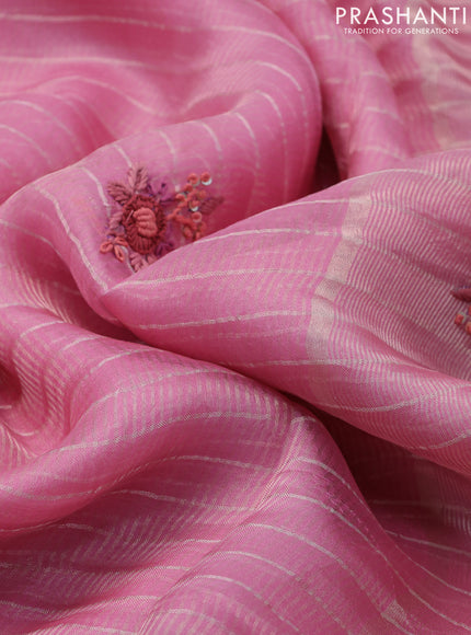 Pure organza silk saree light pink with allover stripes pattern & embroidery work buttas and embroidery sequin work border