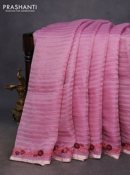 Pure organza silk saree pastel pink with allover stripes pattern & embroidery work buttas and embroidery sequin work border