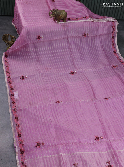 Pure organza silk saree pastel pink with allover stripes pattern & embroidery work buttas and embroidery sequin work border