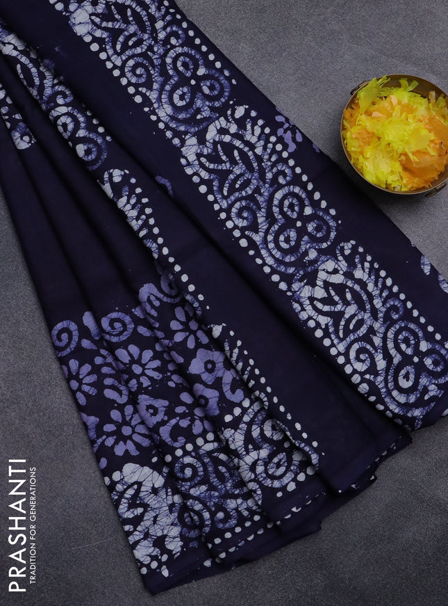 Batik cotton saree navy blue and pastel blue with batik prints and long printed border