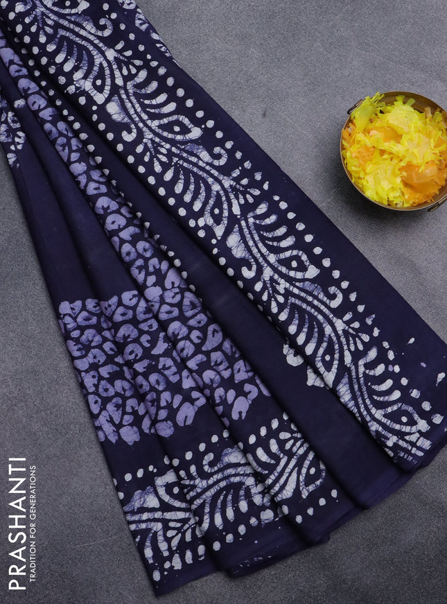 Batik cotton saree navy blue with batik prints and long printed border