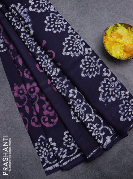 Batik cotton saree navy blue with batik prints and printed border