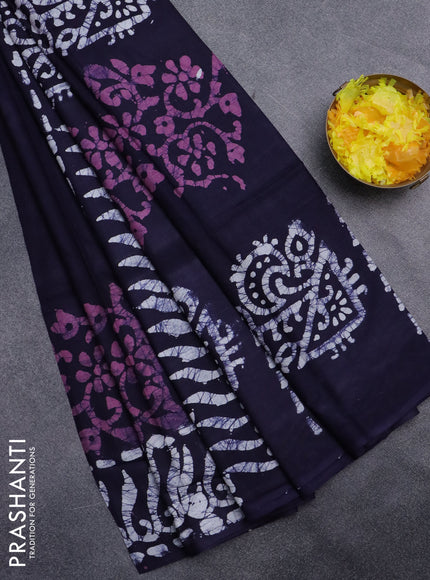 Batik cotton saree deep navy blue and pastel pink shade with batik prints and long printed border