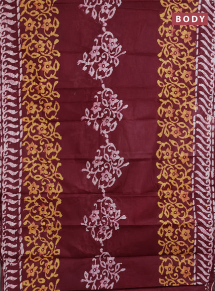 Batik cotton saree deep marron and mustard yellow with batik prints and long printed border