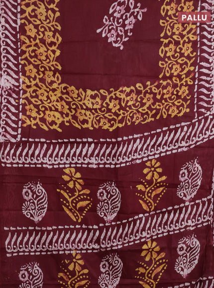 Batik cotton saree deep marron and mustard yellow with batik prints and long printed border
