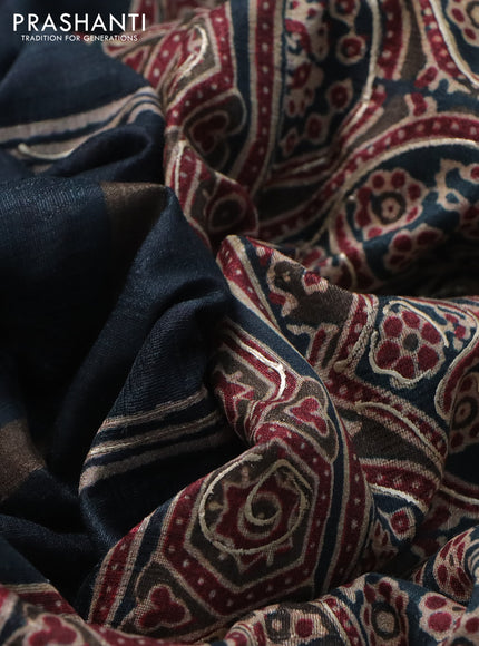 Semi tussar saree dark peacock green with allover ajrakh prints and printed border