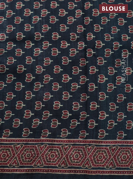 Semi tussar saree dark peacock green with allover ajrakh prints and printed border