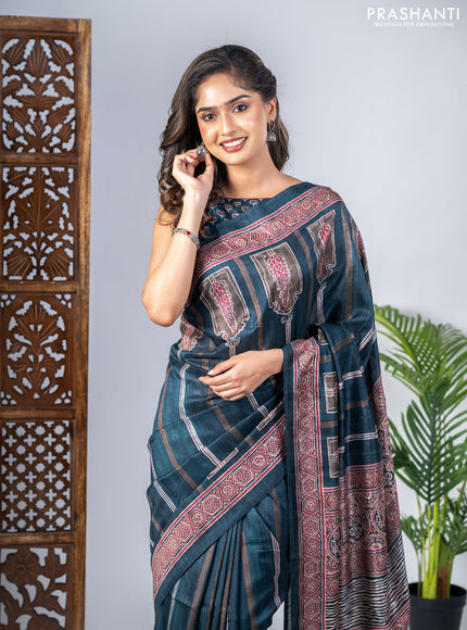 Semi tussar saree dark peacock green with allover ajrakh prints and printed border