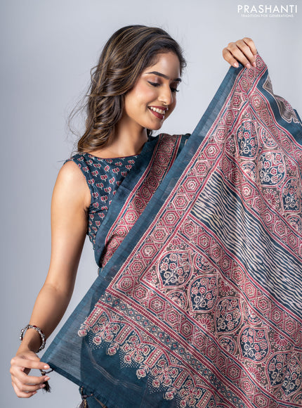 Semi tussar saree dark peacock green with allover ajrakh prints and printed border