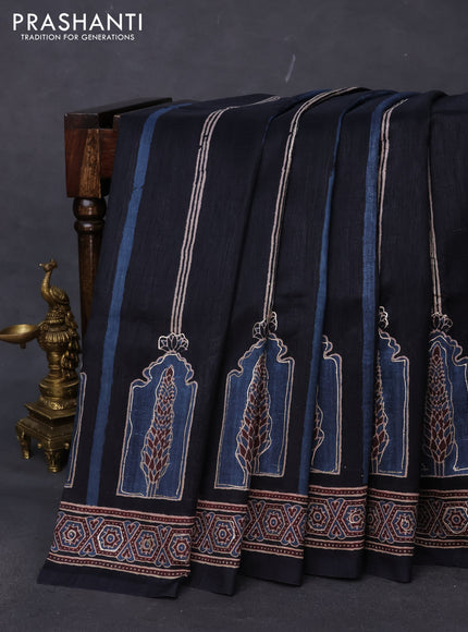 Semi tussar saree black with allover ajrakh prints and printed border