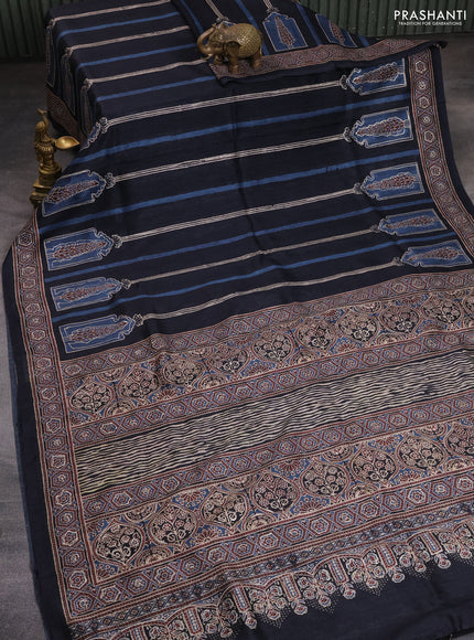 Semi tussar saree black with allover ajrakh prints and printed border