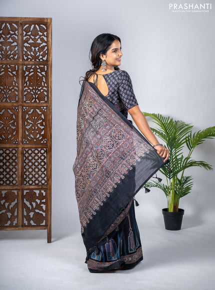 Semi tussar saree black with allover ajrakh prints and printed border