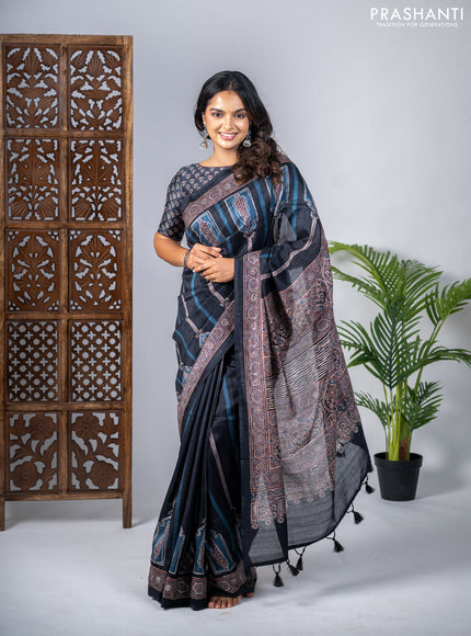 Semi tussar saree black with allover ajrakh prints and printed border