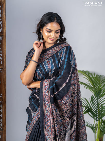 Semi tussar saree black with allover ajrakh prints and printed border