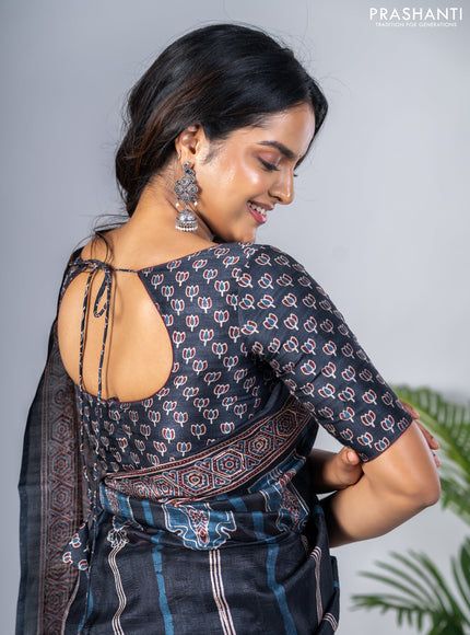 Semi tussar saree black with allover ajrakh prints and printed border