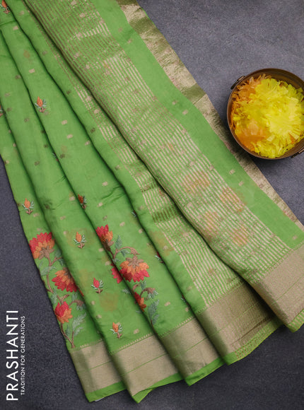 Assam silk saree light green with zari buttas & embroidery work and zari woven border