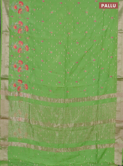 Assam silk saree light green with zari buttas & embroidery work and zari woven border